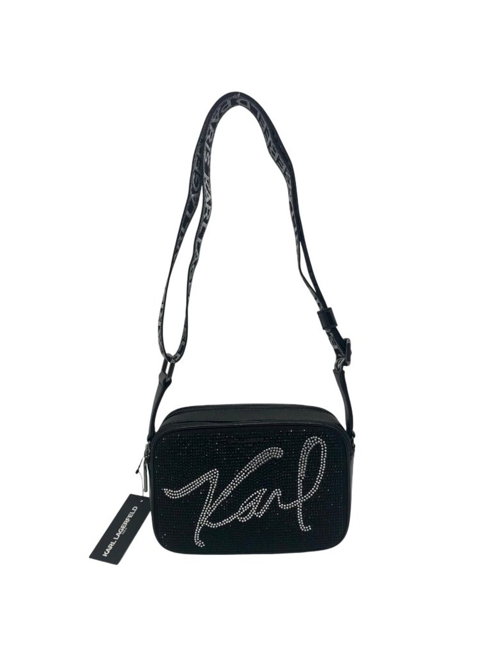 Karl Lagerfeld Black Rhinestone Duo Camera Crossbody
